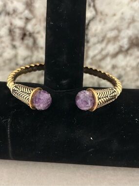 Barse Gold-Tone Bronze Braided Hinged Cuff with Purple Amethyst  Gem Ends